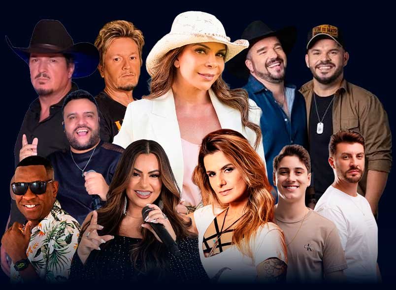 Artistas do FestCargas sob luzes azuis e vermelhas, com Sula Miranda em destaque